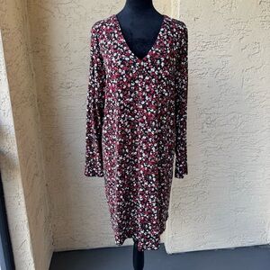 J Jill Wearever Floral Dress Sz L V Neck Long Sleeve Stretch Above Knee